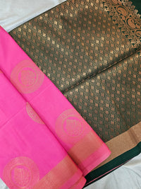 Pink  with Dark Green Copper Zari Woven Border Semi Soft Silk Saree
