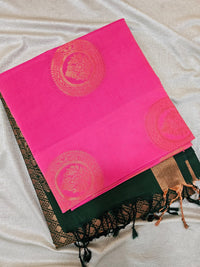 Pink  with Dark Green Copper Zari Woven Border Semi Soft Silk Saree