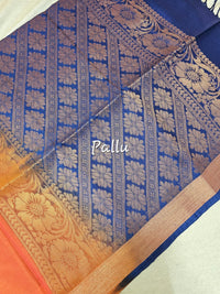 Dark Orange with Blue Copper Zari Woven Border Semi Soft Silk Saree