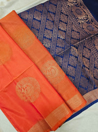Dark Orange with Blue Copper Zari Woven Border Semi Soft Silk Saree