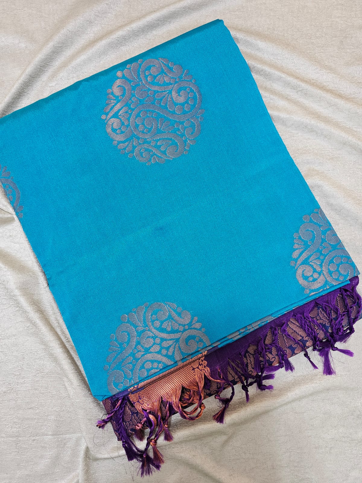 Blue with Purple Copper Zari Woven Border Semi Soft Silk Saree
