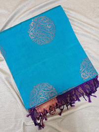 Blue with Purple Copper Zari Woven Border Semi Soft Silk Saree