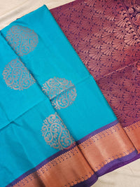 Blue with Purple Copper Zari Woven Border Semi Soft Silk Saree