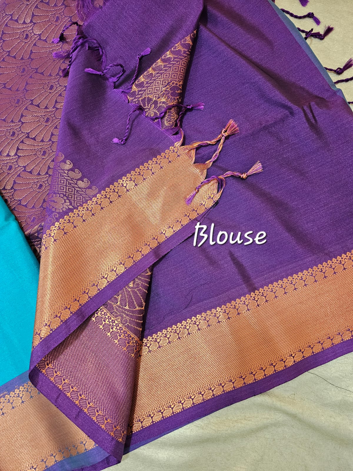 Blue with Purple Copper Zari Woven Border Semi Soft Silk Saree