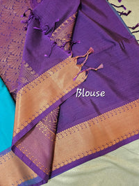 Blue with Purple Copper Zari Woven Border Semi Soft Silk Saree