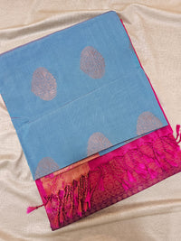 Blue with Pink Copper Zari Woven Border Semi Soft Silk Saree