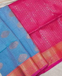 Blue with Pink Copper Zari Woven Border Semi Soft Silk Saree