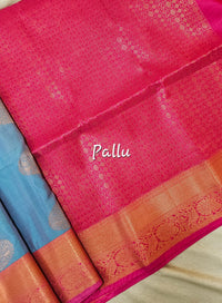Blue with Pink Copper Zari Woven Border Semi Soft Silk Saree