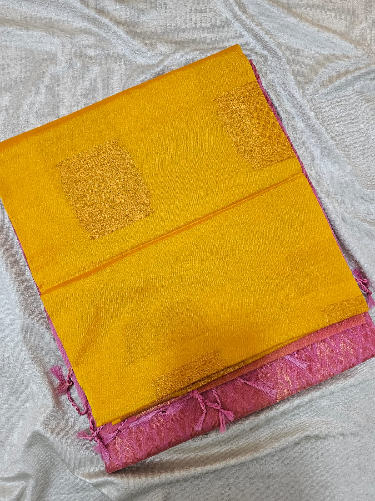 Yellow with Onion Pink Copper Zari Woven Border Semi Soft Silk Saree