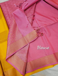 Yellow with Onion Pink Copper Zari Woven Border Semi Soft Silk Saree