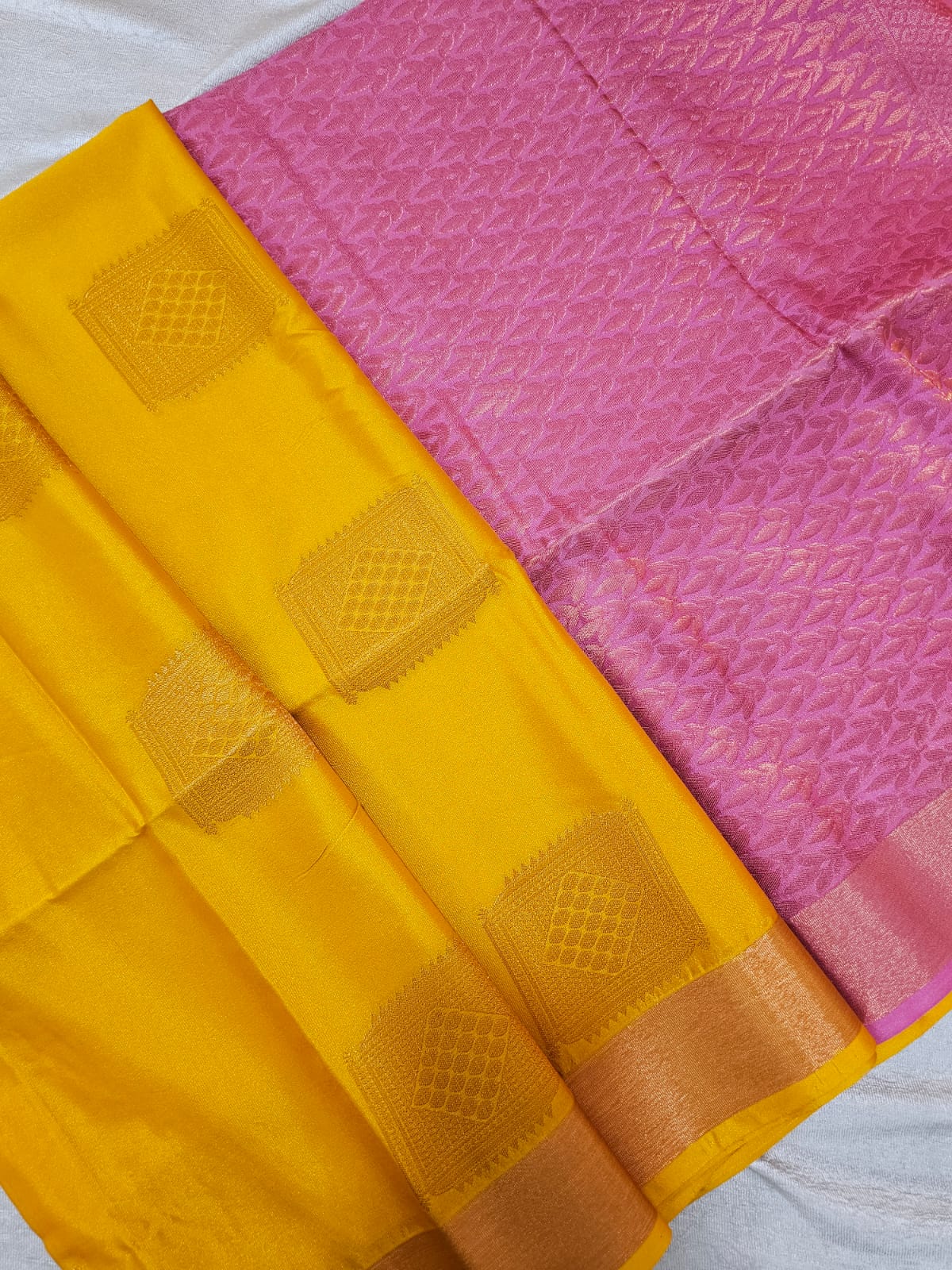 Yellow with Onion Pink Copper Zari Woven Border Semi Soft Silk Saree