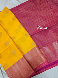 Yellow with Pink Copper Zari Woven Border Semi Soft Silk Saree