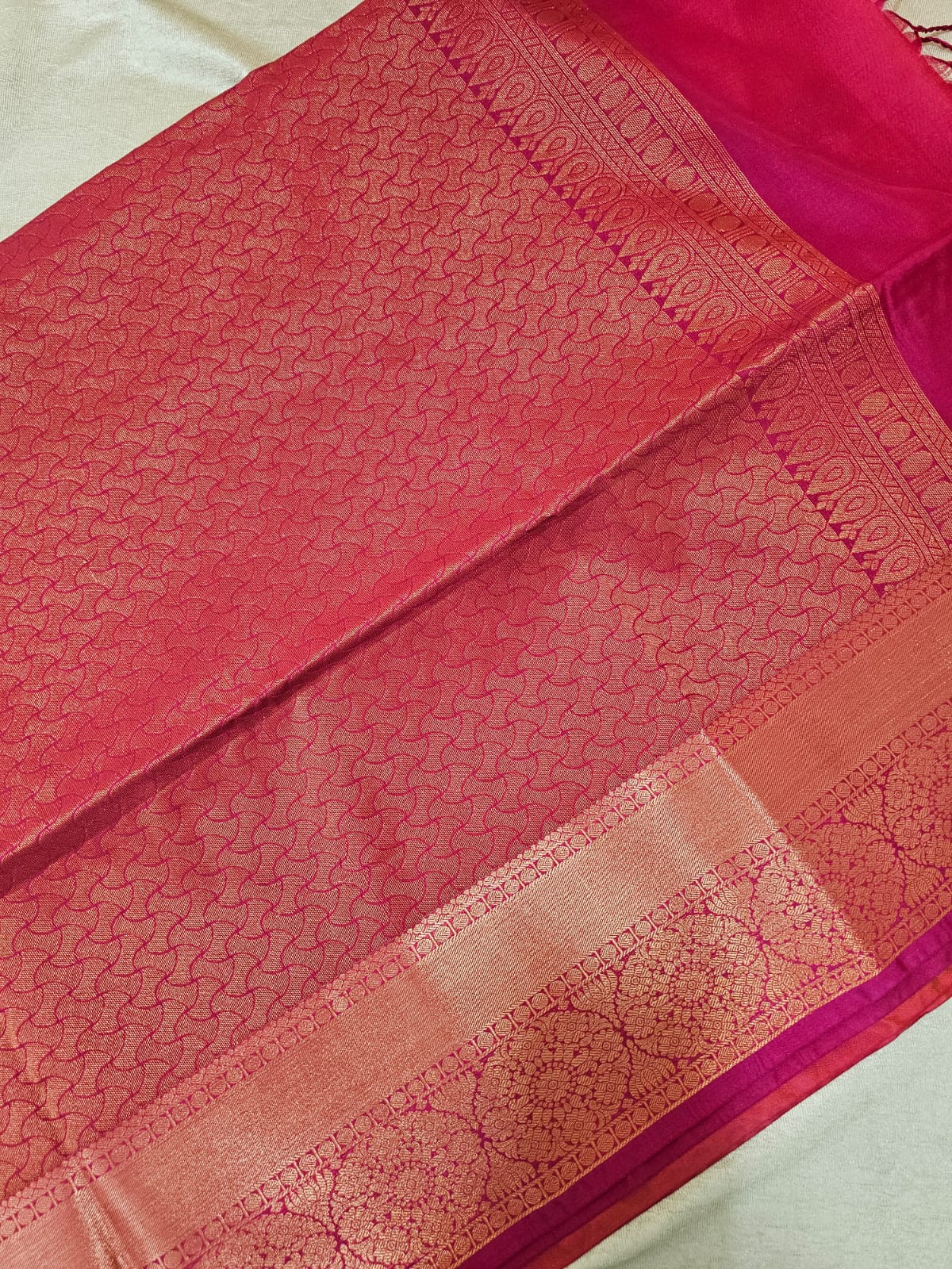 Yellow with Pink Copper Zari Woven Border Semi Soft Silk Saree