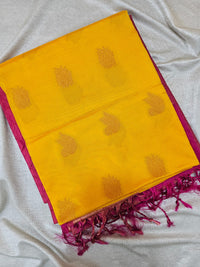 Yellow with Pink Copper Zari Woven Border Semi Soft Silk Saree