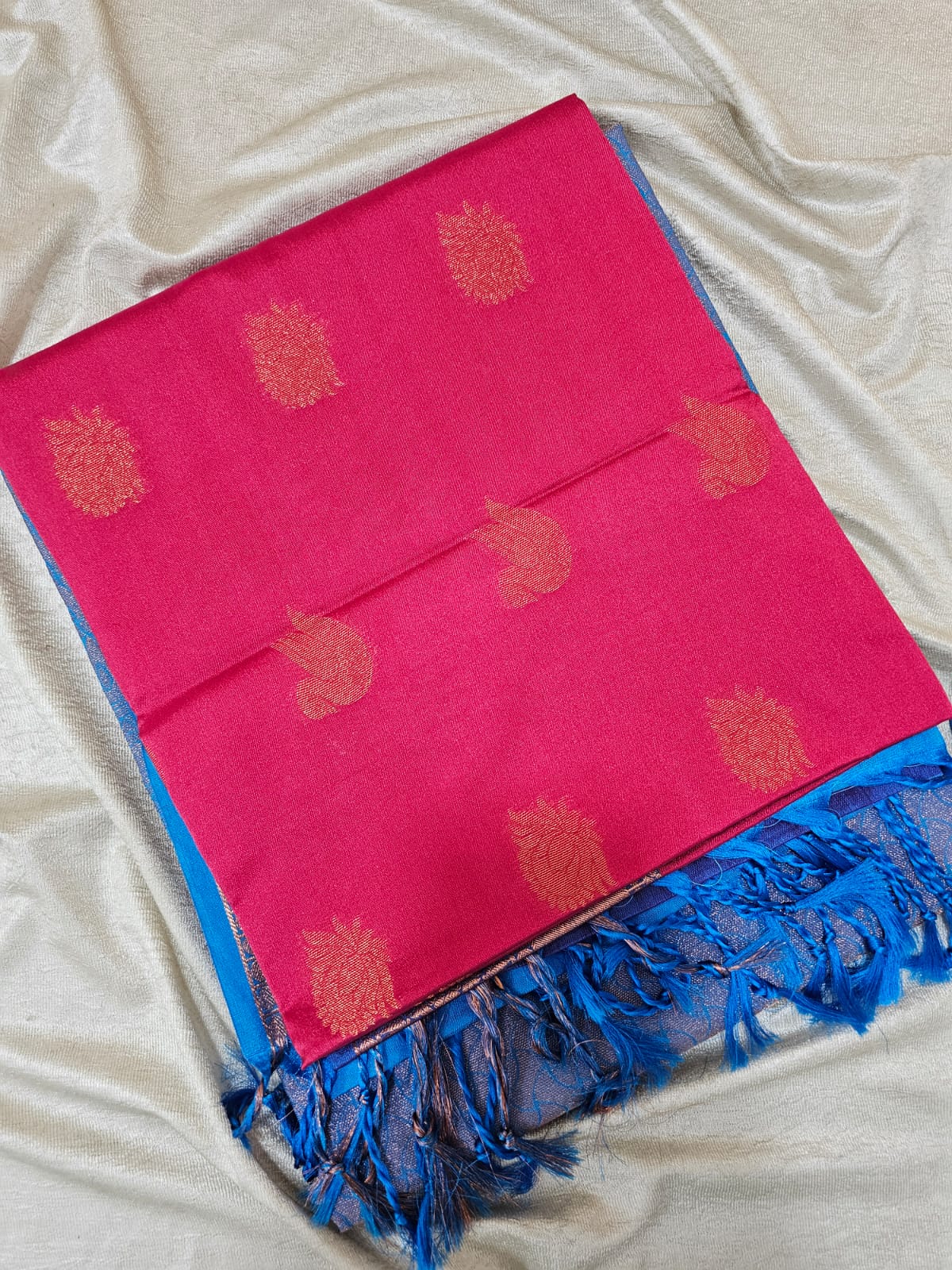 Pink with Blue Copper Zari Woven Border Semi Soft Silk Saree