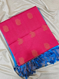 Pink with Blue Copper Zari Woven Border Semi Soft Silk Saree