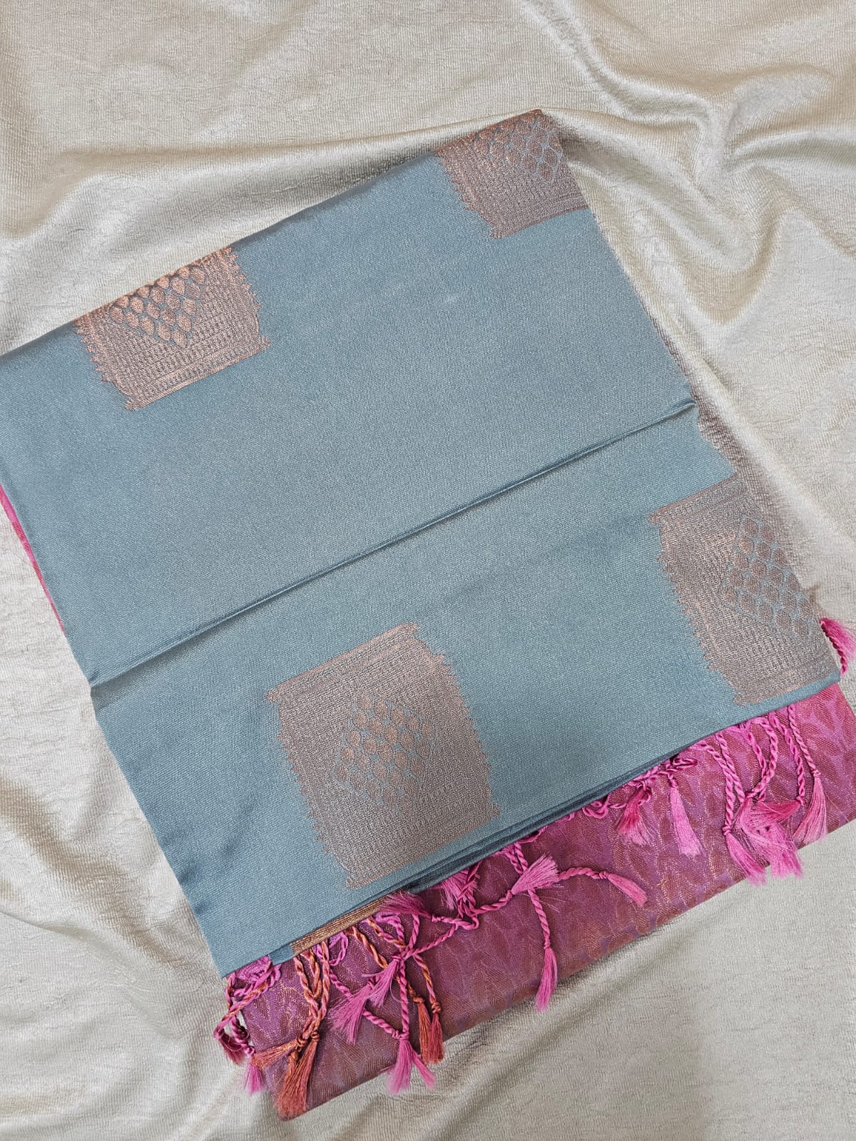 Grey with Pink Copper Zari Woven Border Semi Soft Silk Saree