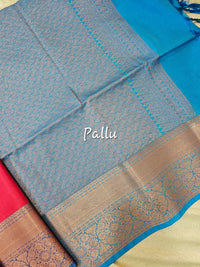 Pink with Blue Copper Zari Woven Border Semi Soft Silk Saree