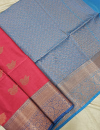 Pink with Blue Copper Zari Woven Border Semi Soft Silk Saree