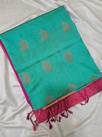 Green with Pink Copper Zari Woven Border Semi Soft Silk Saree