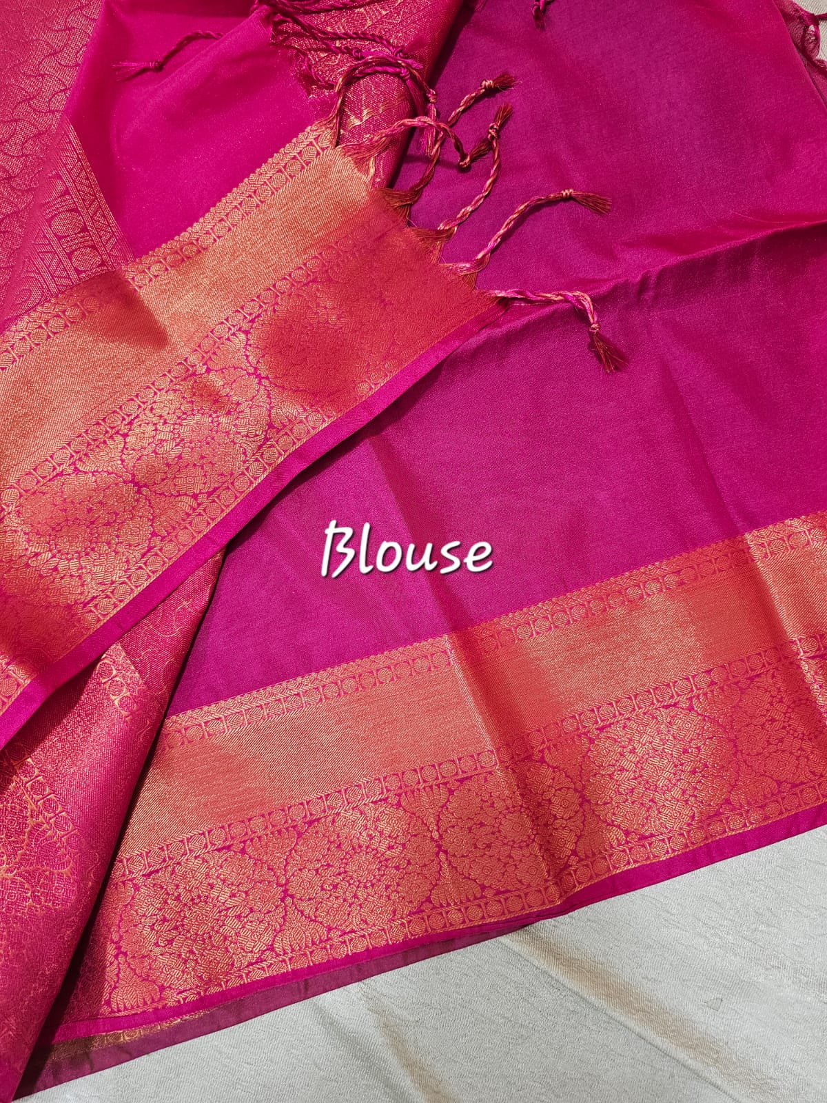 Green with Pink Copper Zari Woven Border Semi Soft Silk Saree