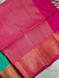 Green with Pink Copper Zari Woven Border Semi Soft Silk Saree