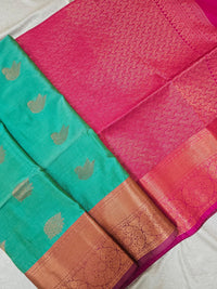 Green with Pink Copper Zari Woven Border Semi Soft Silk Saree