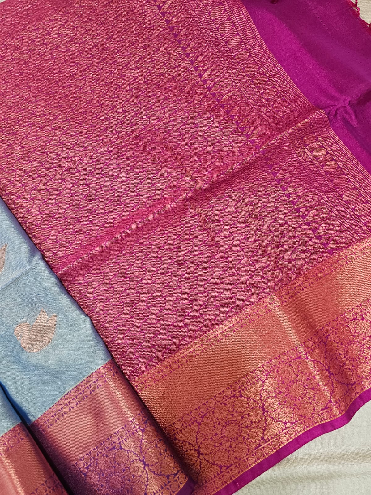 Grey with Magenta Pink Copper Zari Woven Border Semi Soft Silk Saree