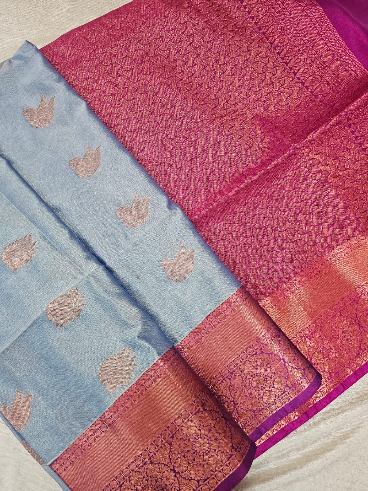 Grey with Magenta Pink Copper Zari Woven Border Semi Soft Silk Saree