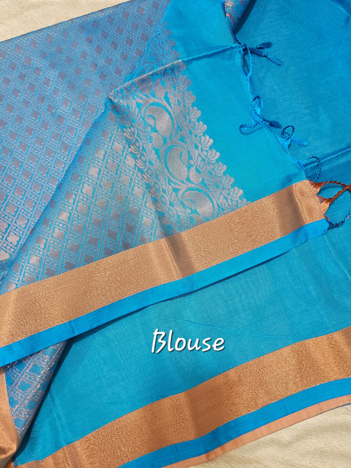 Pastel Onion Pink with Blue Copper Zari Woven Border Semi Soft Silk Saree
