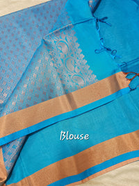 Pastel Onion Pink with Blue Copper Zari Woven Border Semi Soft Silk Saree
