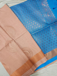 Pastel Onion Pink with Blue Copper Zari Woven Border Semi Soft Silk Saree