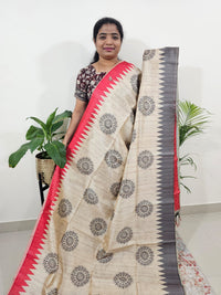 Semi Tussar with Striped Zari Weaving Saree- Red with Grey
