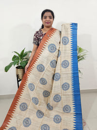 Semi Tussar with Striped Zari Weaving Saree- Red  with Blue