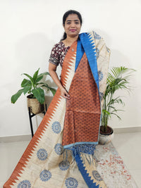 Semi Tussar with Striped Zari Weaving Saree- Red  with Blue