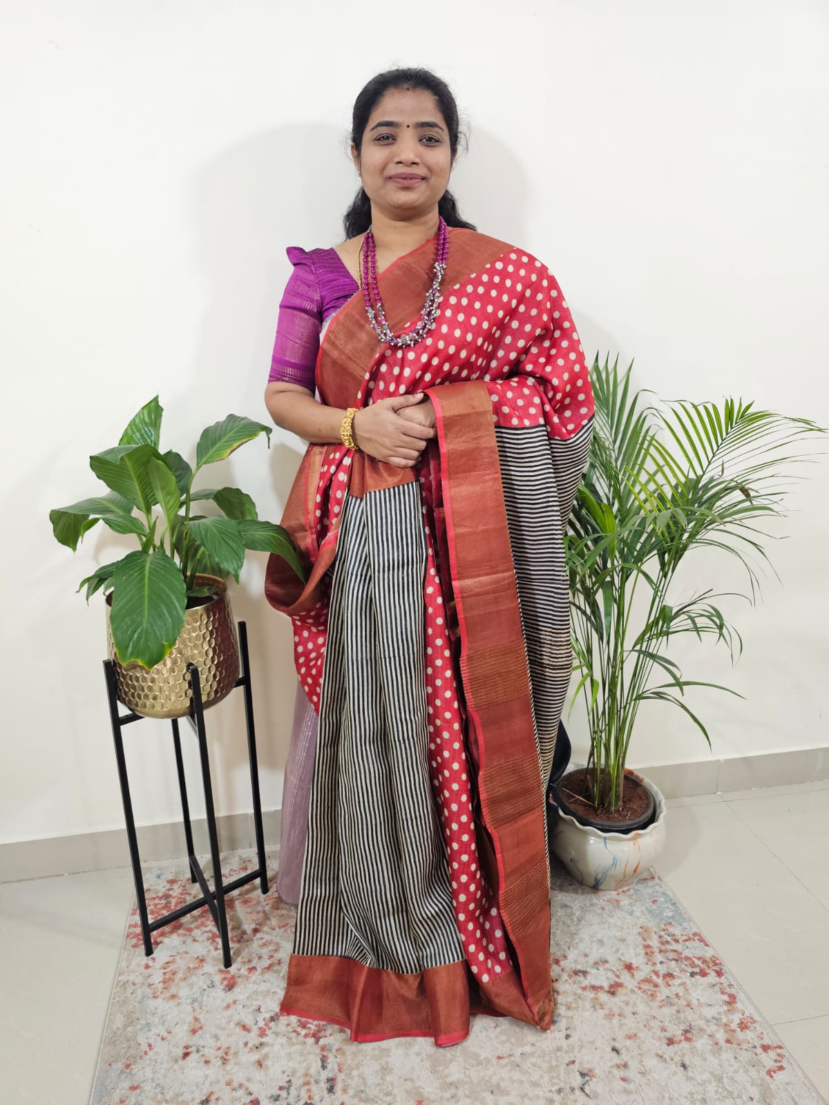 Pure Tussar Silk Saree with Zari Border Half N Half Pattern - Red with Black