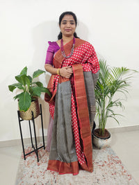 Pure Tussar Silk Saree with Zari Border Half N Half Pattern - Red with Black