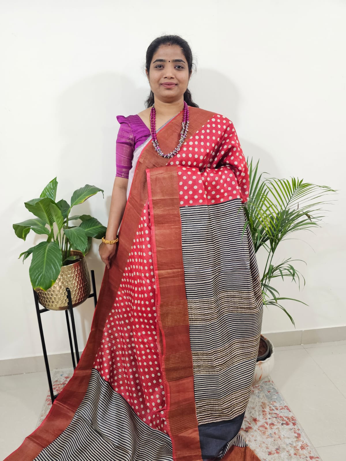 Pure Tussar Silk Saree with Zari Border Half N Half Pattern - Red with Black