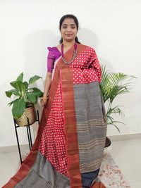 Pure Tussar Silk Saree with Zari Border Half N Half Pattern - Red with Black