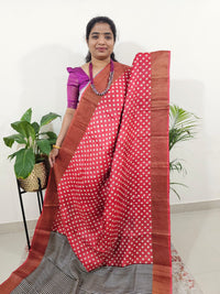 Pure Tussar Silk Saree with Zari Border Half N Half Pattern - Red with Black