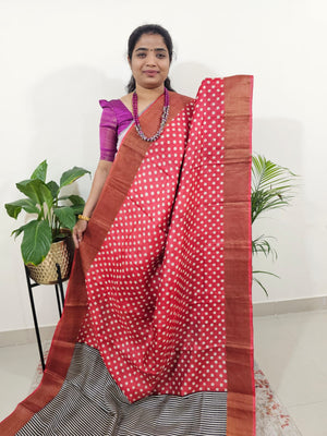 Red with Black Half N Half Pattern Pure Tussar Silk Saree with Zari Border