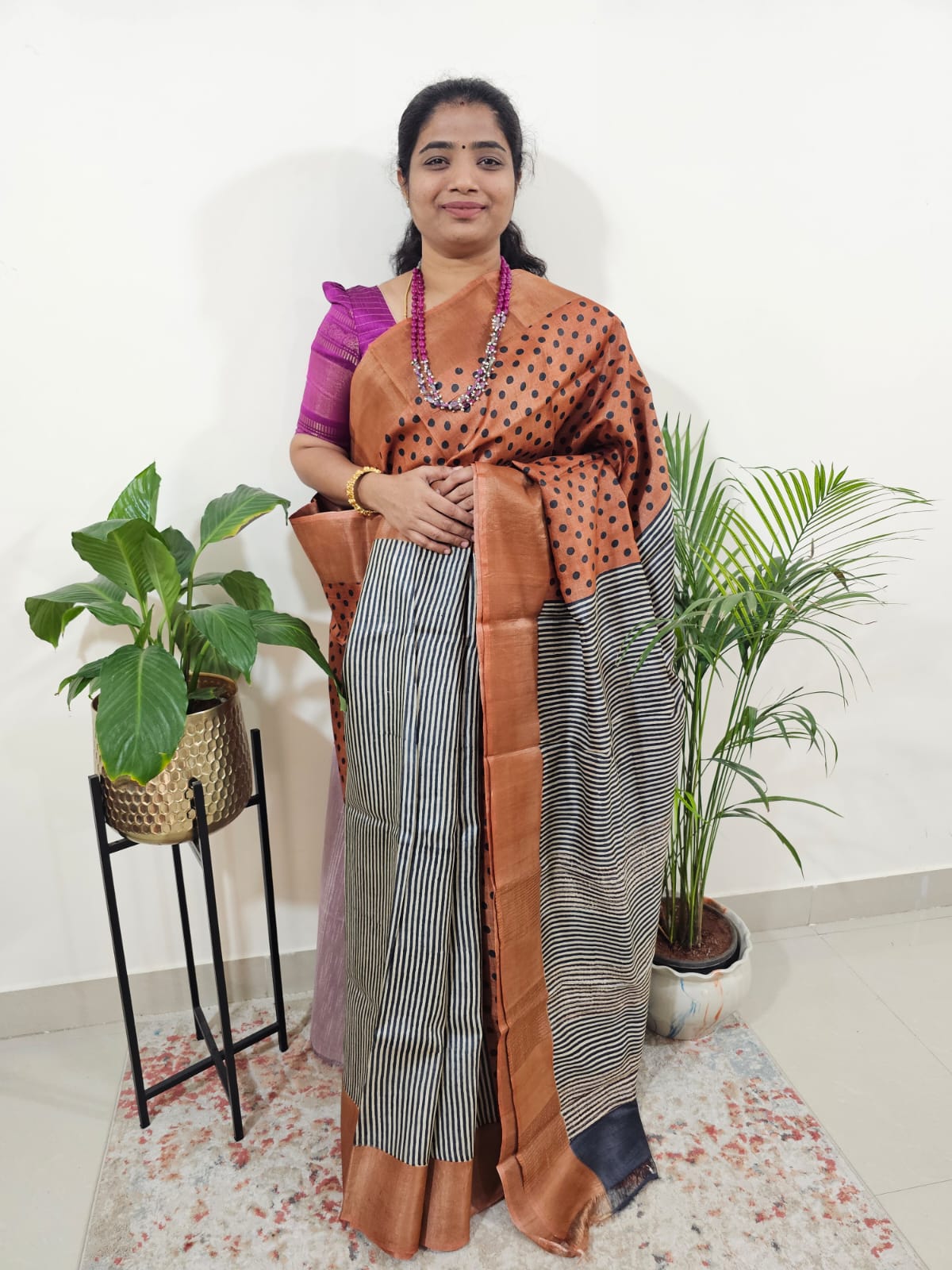 Pure Tussar Silk Saree with Zari Border Half N Half Pattern - Brown with Black