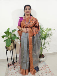 Pure Tussar Silk Saree with Zari Border Half N Half Pattern - Brown with Black