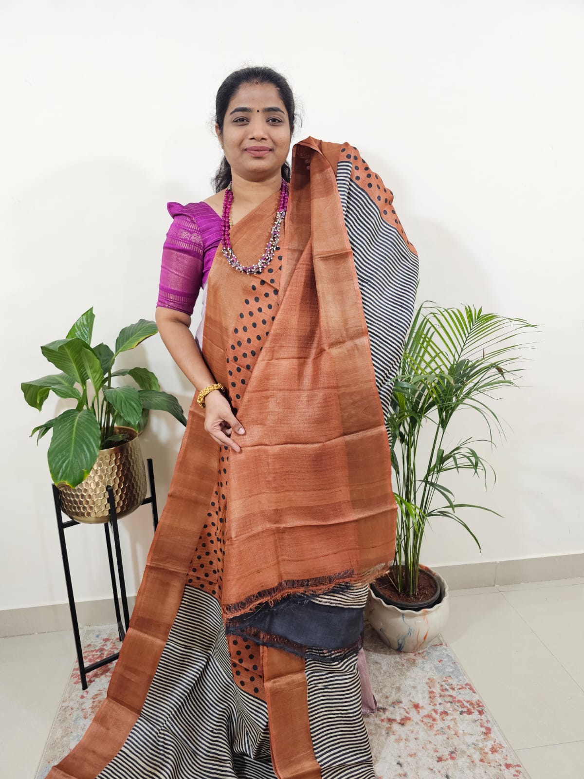 Pure Tussar Silk Saree with Zari Border Half N Half Pattern - Brown with Black
