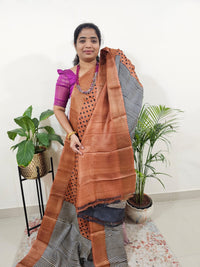Pure Tussar Silk Saree with Zari Border Half N Half Pattern - Brown with Black