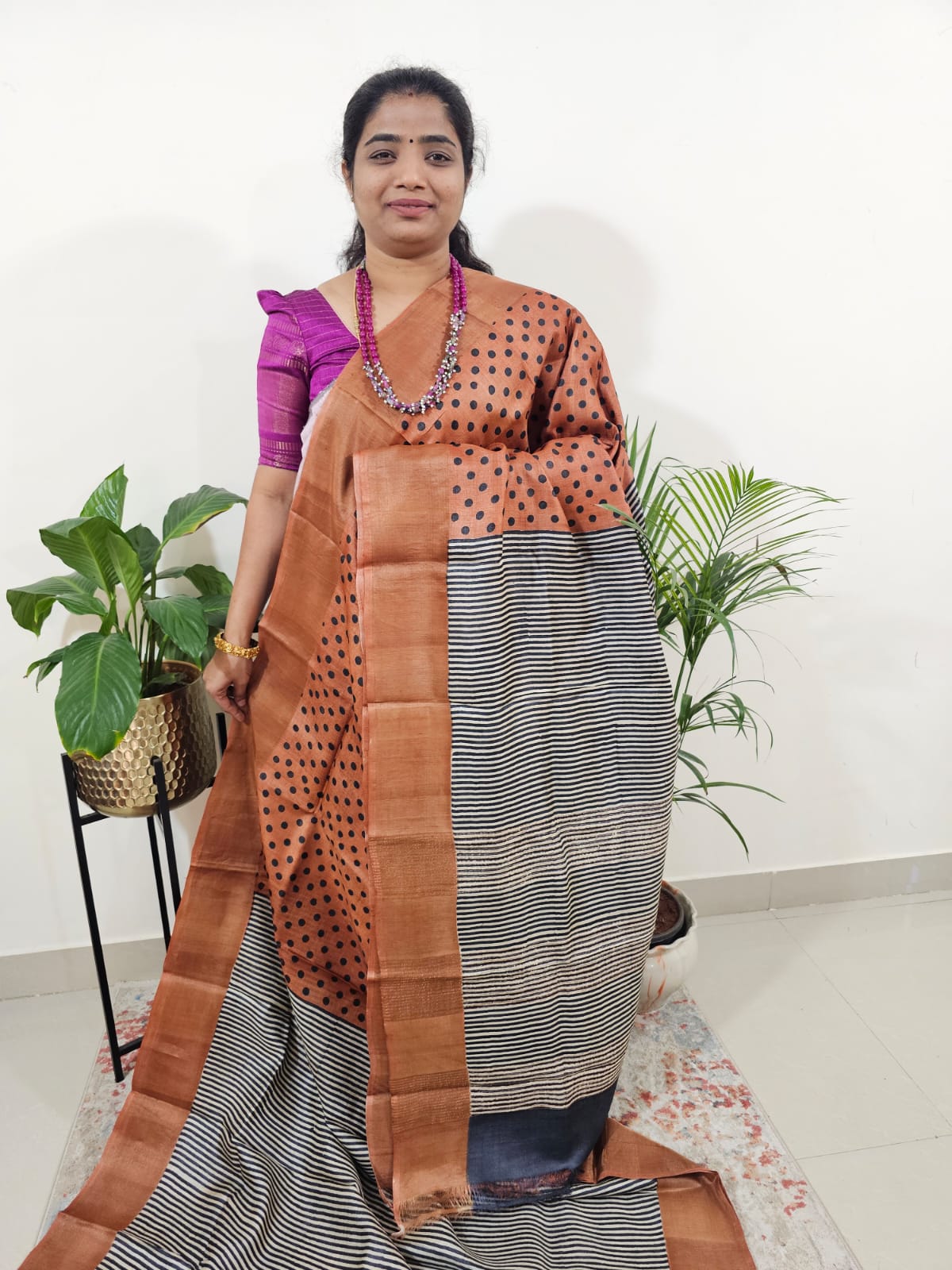 Pure Tussar Silk Saree with Zari Border Half N Half Pattern - Brown with Black