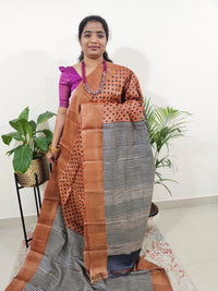 Pure Tussar Silk Saree with Zari Border Half N Half Pattern - Brown with Black