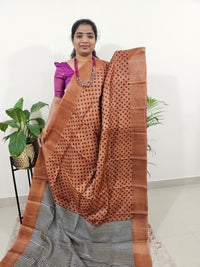 Pure Tussar Silk Saree with Zari Border Half N Half Pattern - Brown with Black