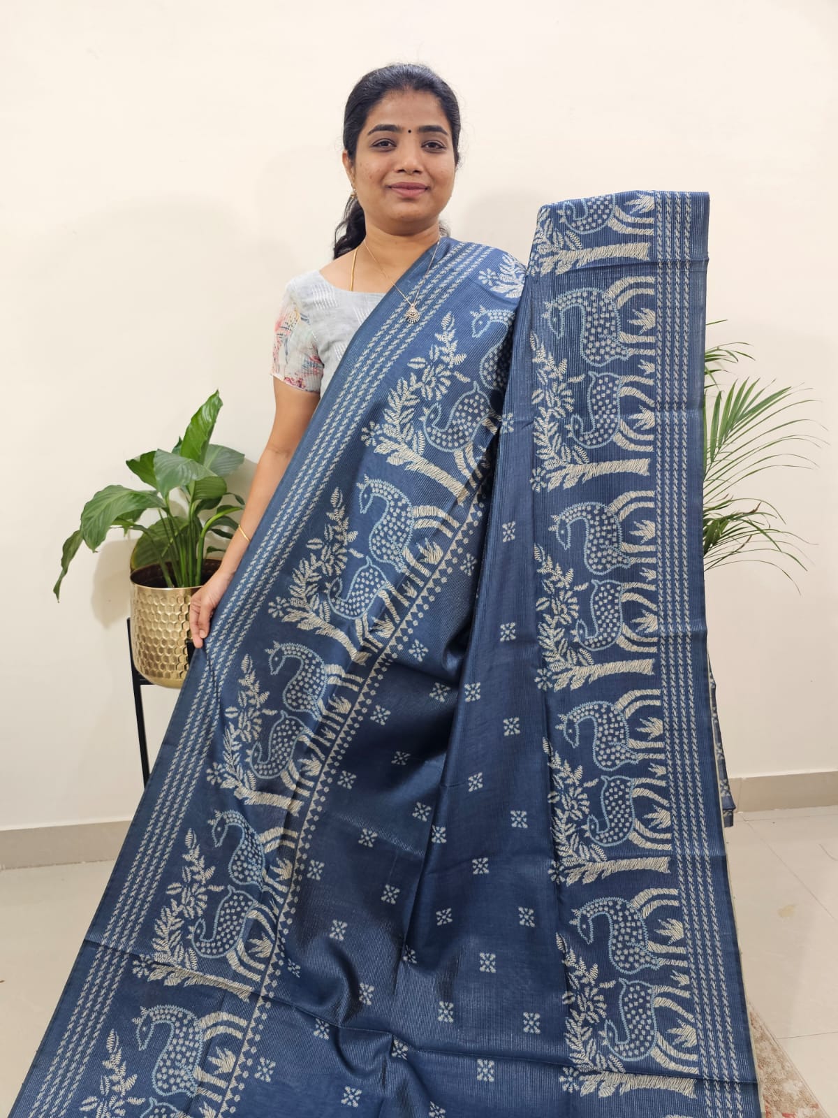 Semi Tussar with Striped Zari  Weaving Saree - Blue