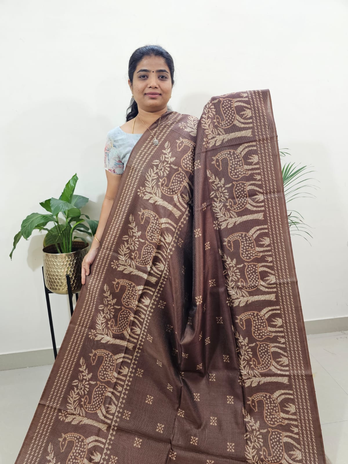 Semi Tussar with Striped Zari  Weaving Saree - Brown